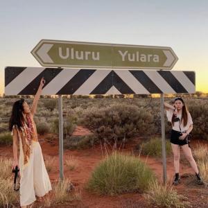Uluru on the left, Yulara on the right 
